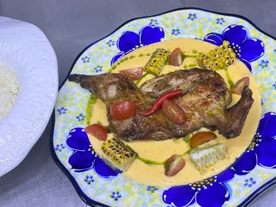 Цыпленок табака на мангале с кукурузным муссом